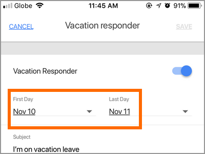 Gmail App Menu Settings Gmail Account Vacation Responder Start and End Date