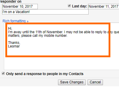 Gmail Settings Vacation Responder Input Message