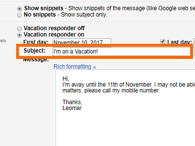 Gmail Settings Vacation Responder Input subject