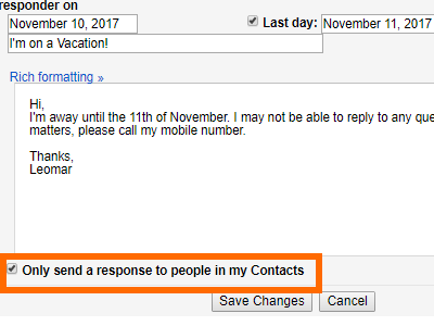 Gmail Settings Vacation Responder Only Send to My contacts