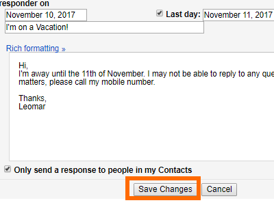 Gmail Settings Vacation Responder Save Changes