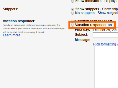 Gmail Settings Vacation Responder Tick