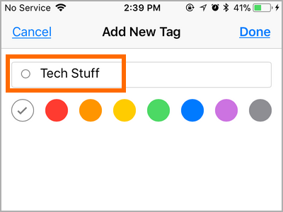 iPhone Files Choose New Tag Name