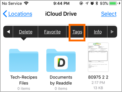 iPhone Files Touch and Hold Right Arrow Tags option