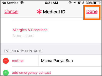 iPhone Health App Medical ID Add Emergency contacts DONE DONE