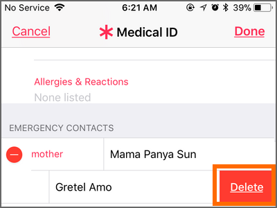 iPhone Health App Medical ID Add Emergency contacts Remove Contact Delete Button