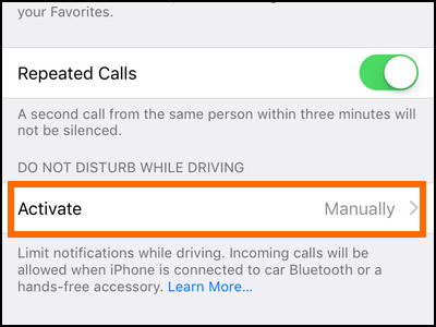 iPhone Settings Do Not Disturb Activate