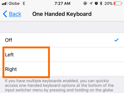 iPhone Settings General One Handed Keyboard Options