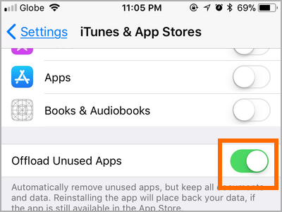 iPhone Settings iTunes and App Store Offload Unused Apps ENABLED