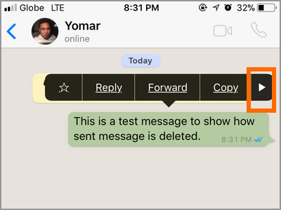 iPhone Whatsapp Select Conversation Touch and hold Message Options Arrow Right