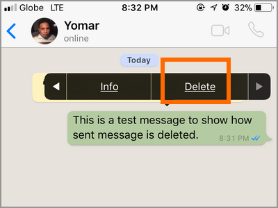 iPhone Whatsapp Select Conversation Touch and hold Message Options Delete