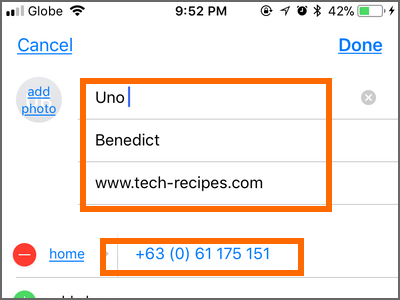iPhone home Phone Contacts Add Contact Details