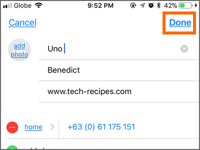 iPhone home Phone Contacts Add Contact Done button