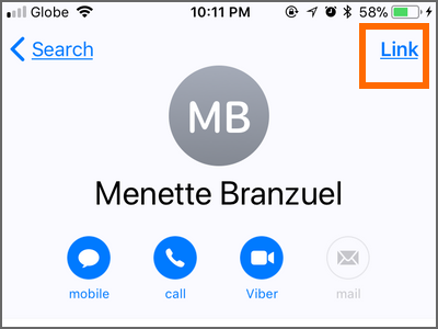 iPhone home Phone Contacts Choose Contact Edit Link Button