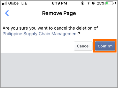 Facebook Manager Cancel Page Deletion Confirm