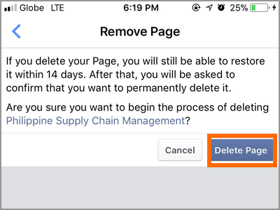 Facebook ManagerPage Settings Delete Page Confirm