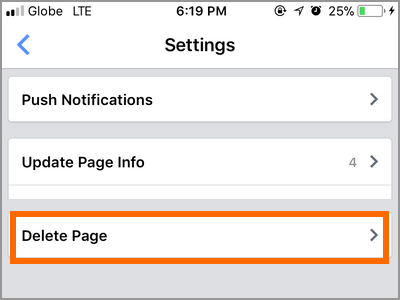Facebook ManagerPage Settings Delete Page