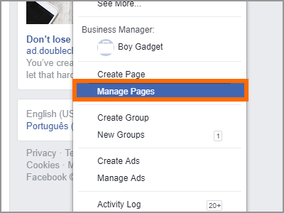 Facebook Menu Manage Pages