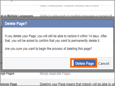 Facebook Page Settings General Remove Page Confirm Delete Page