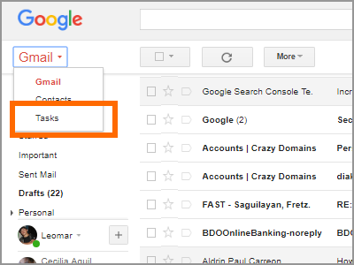Gmail Menu Tasks