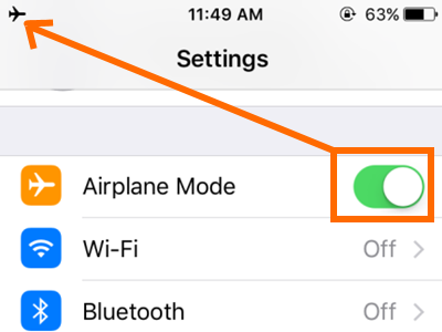 iPhone Settings Airplane Mode Switched ON