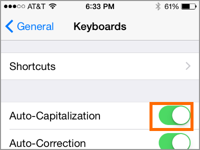 iPhone Settings Auto Capitalization Switch