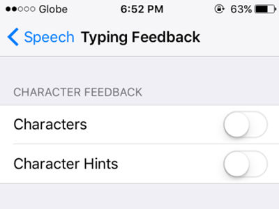 iPhone Settings General Accessibility Speech Typing Feedback Options