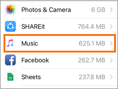 iPhone Settings General Storage App Music