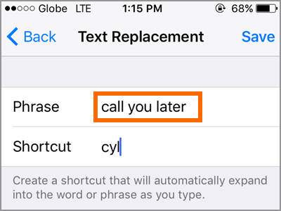 iPhone Text Replacement Add Text Type Phrase