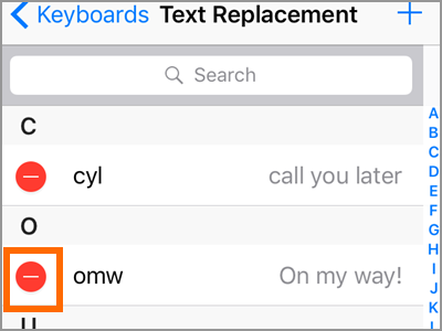 iPhone Text Replacement Edit Choose to delete