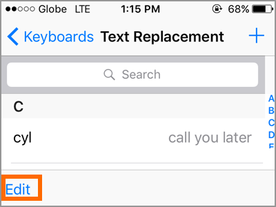 iPhone Text Replacement Edit