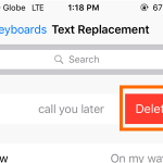 iPhone Text Replacement Swipe to Delete Button