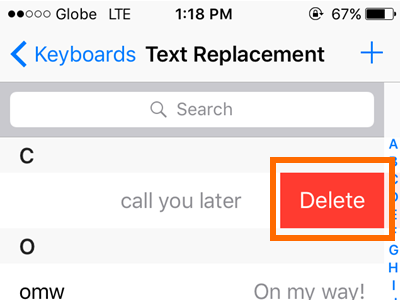 iPhone Text Replacement Swipe to Delete Button