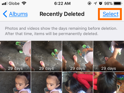 iPhone photos Recently deleted Select