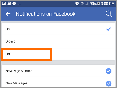 Android Facebook Settings Pages Choose Page More options Edit Settings Notifications On Facebook OFF