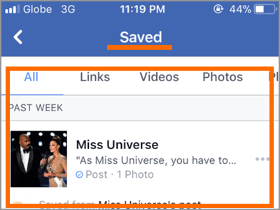Facebook App More Options SAVED items
