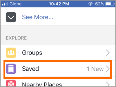 Facebook App More Options SAVED