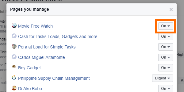 Facebook Web Settings Notifications Edit for Pages You Manage Drop Down