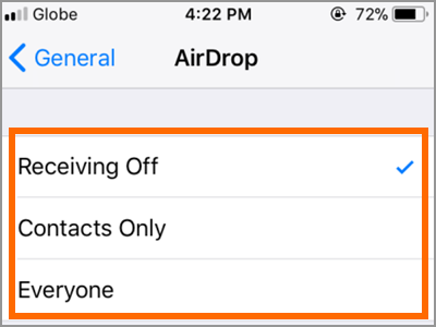 iPhone General Settings AirDrop Options