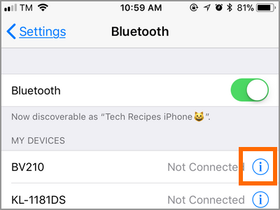 iPhone Settings Bluetooth Device Other Info Button