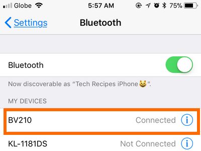 iPhone Settings Bluetooth Headset connected