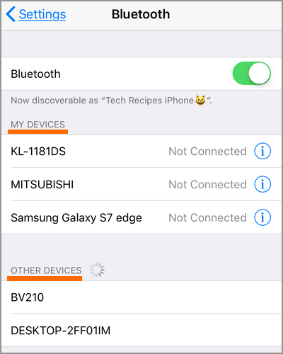 iPhone Settings Bluetooth List of Devices