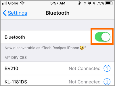 iPhone Settings Bluetooth Switch