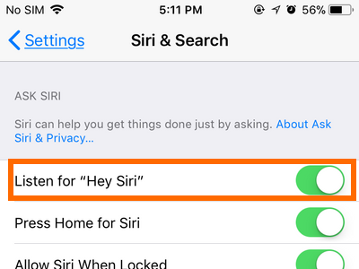 iPhone Settings Siri & Search Listen for Hey Siri Switch