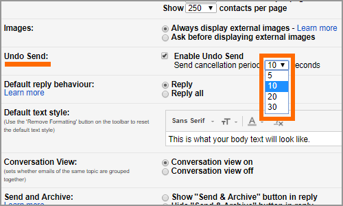 Gmail Settings Menu General Tab Undo Send Time