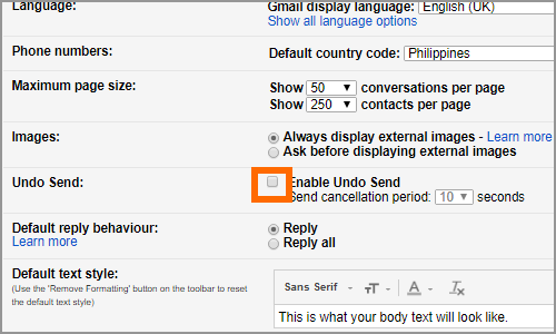 Gmail Settings Menu General Tab Undo Send