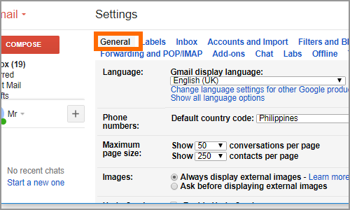Gmail Settings Menu General Tab