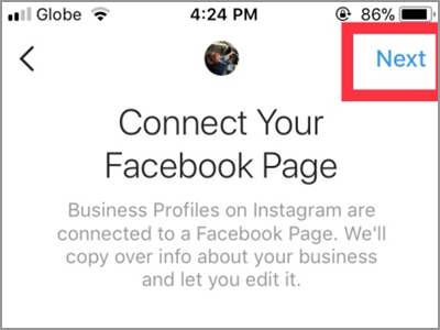 Instagram Account Settings Switch to Business Profile Connect to Facebook Choose Page Next