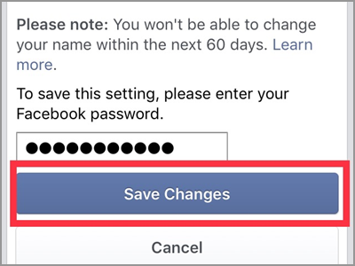 iPhone Facebook Name Change enter Password Save Changes