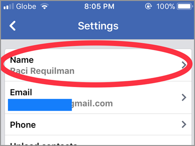 iPhone Home Facebook Menu Settings Account Settings General Name